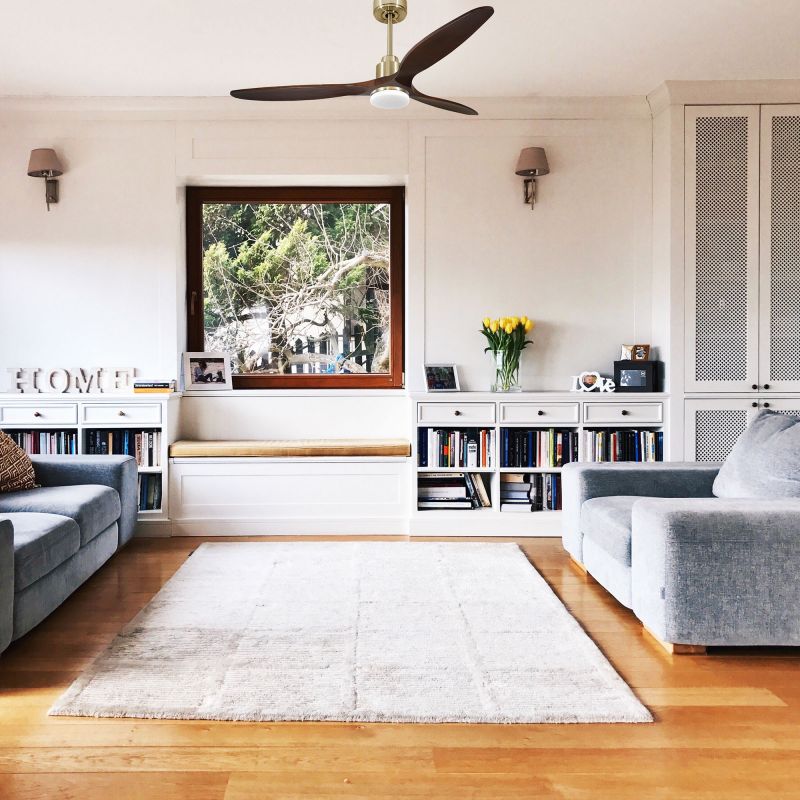 Tenerife - Super destratificateur et ventilateur DC 166 cm Laiton pales bois sombre avec Lumière 30 à 60 m²