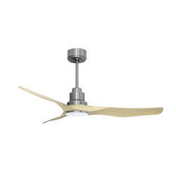 Tenerife - Un ventilateur et un Super Destratificateur DC 127 cm chrome avec lumière pales Abs marron clair idéal 20 à 40 m²