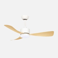 Ventilateur  Este DC moteur  Blanc , pales marron clair 106 cm - Plaque LED, Télécommande,idéal de 0 à 15 m²